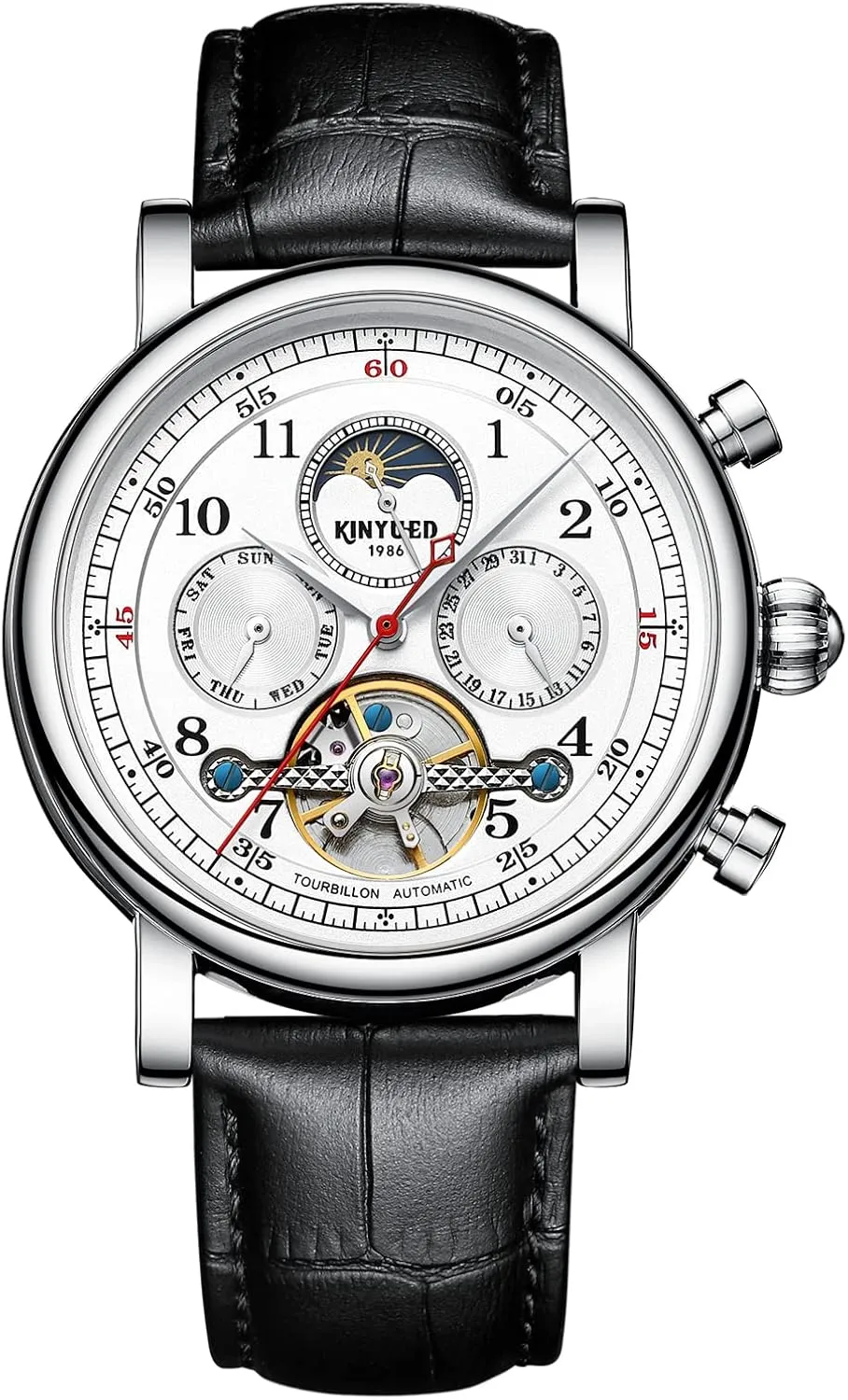 Wrist Watch with Calendar,Week, Moon Phase, Tourbillon Automatic Self-Wind Watch IK COLOURING Mens Watches, 44mm Mechanical preen calamitous adverse bore monitor Skeleton 