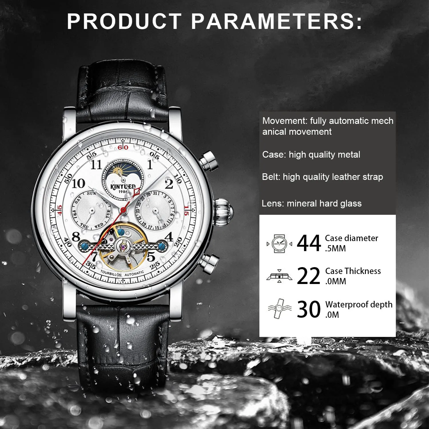 Wrist Watch with Calendar,Week, Moon Phase, Tourbillon Automatic Self-Wind Watch IK COLOURING Mens Watches, 44mm Mechanical preen calamitous adverse bore monitor Skeleton 