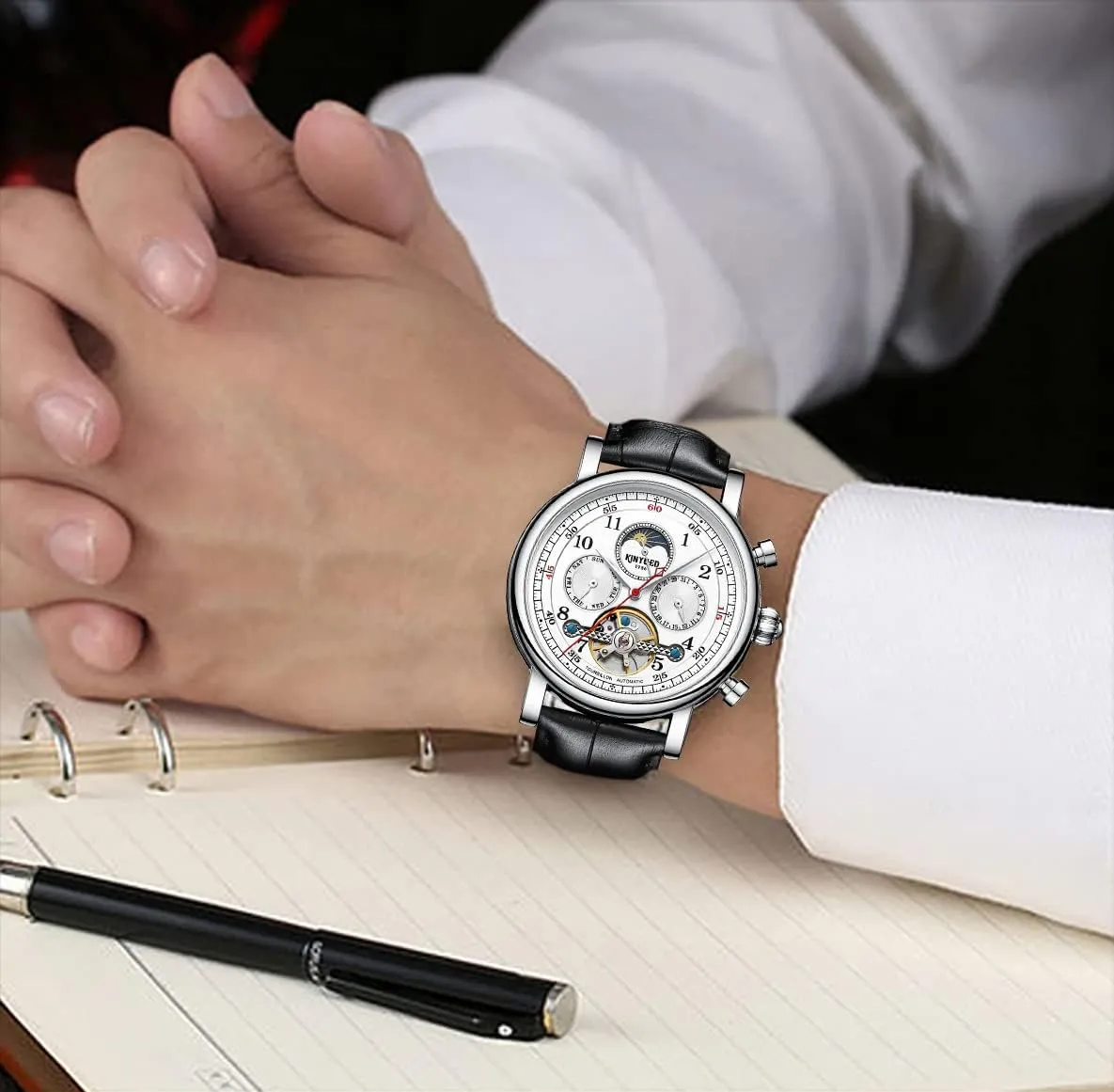 Wrist Watch with Calendar,Week, Moon Phase, Tourbillon Automatic Self-Wind Watch IK COLOURING Mens Watches, 44mm Mechanical preen calamitous adverse bore monitor Skeleton 