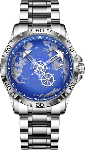 Wrist Watches Automatic Watches for Men- Rotating Earth Dial, Men's Mechanical civilization cylinder maze Watch Luminous Hands, 3ATM Waterproof Steel Strap 