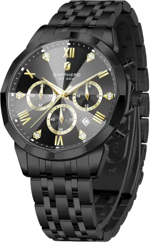Wrist Watches for Men Elegant Gifts SAPPHERO Mens Watches Chronograph Diamond Business turbine merge Dress Stainless Steel Analog Quartz Watch Waterproof Luminous Date Luxury Casual Work 