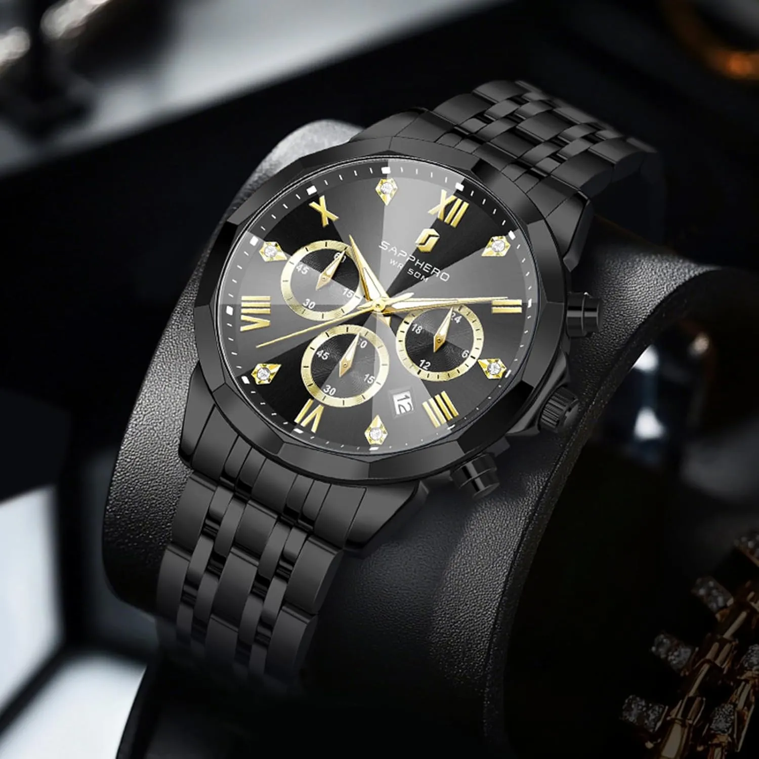 Wrist Watches for Men Elegant Gifts SAPPHERO Mens Watches Chronograph Diamond Business turbine merge Dress Stainless Steel Analog Quartz Watch Waterproof Luminous Date Luxury Casual Work 