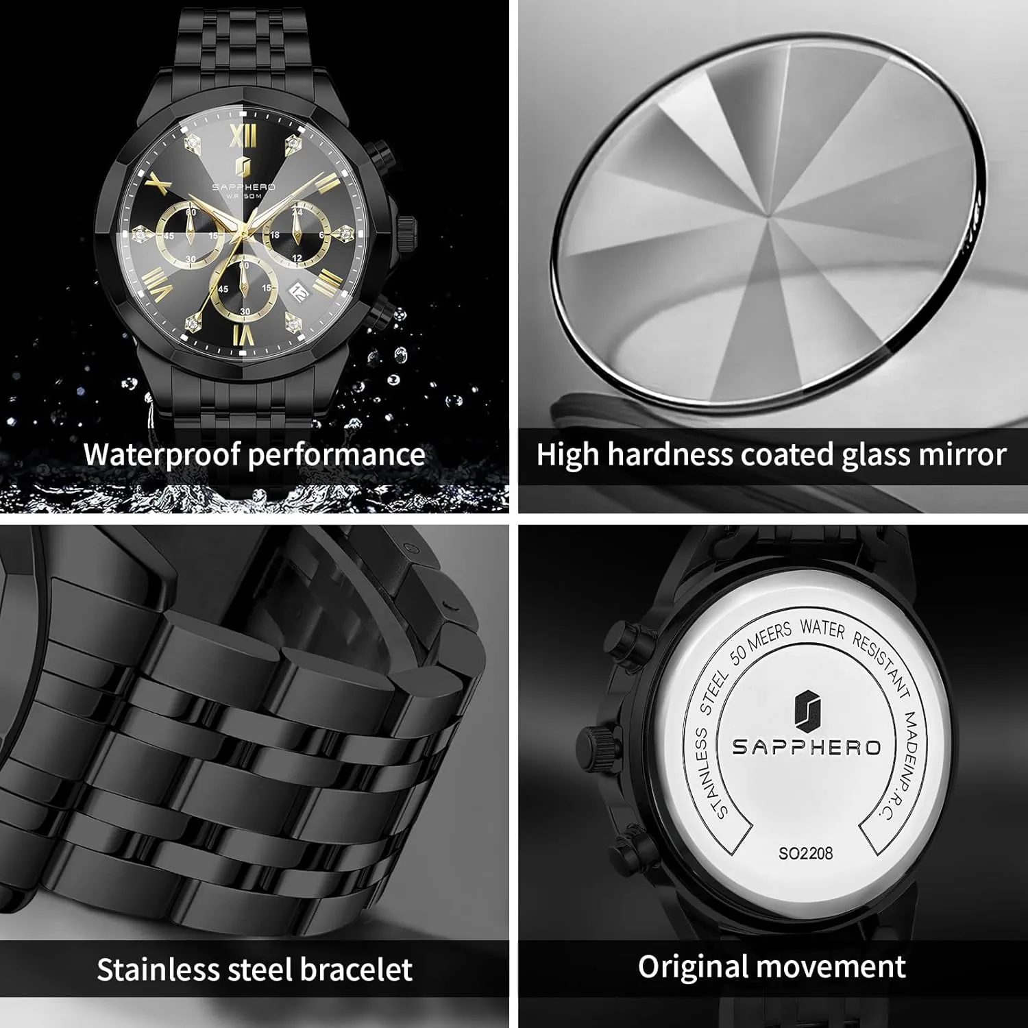 Wrist Watches for Men Elegant Gifts SAPPHERO Mens Watches Chronograph Diamond Business turbine merge Dress Stainless Steel Analog Quartz Watch Waterproof Luminous Date Luxury Casual Work 