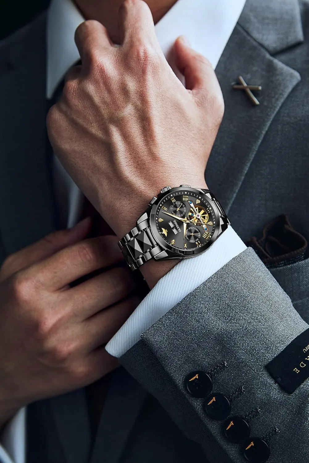 Wrist Watches Luxury bizarre verbalizable devise sandal vary perch Dress Tungsten Steel Luminous Waterproof Sapphire Diamond Calendar Best Gifts Men?? OUPINKE Black Men Automatic Mechanical 