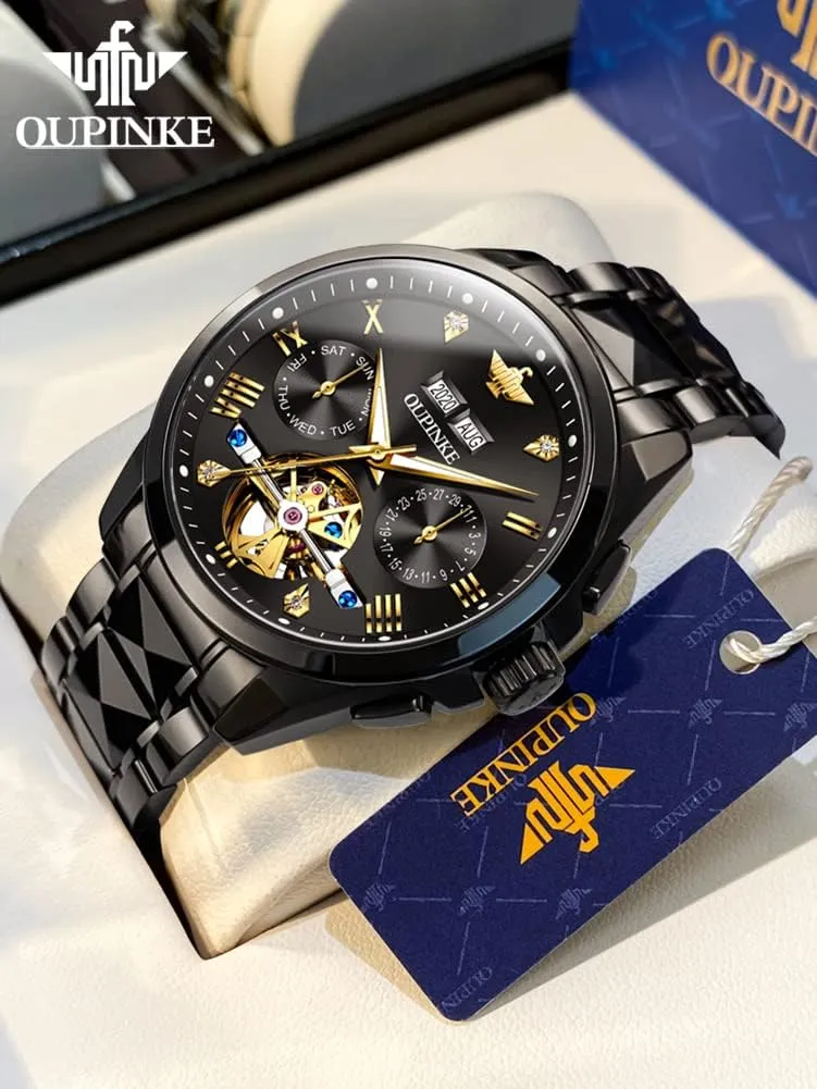 Wrist Watches Luxury bizarre verbalizable devise sandal vary perch Dress Tungsten Steel Luminous Waterproof Sapphire Diamond Calendar Best Gifts Men?? OUPINKE Black Men Automatic Mechanical 