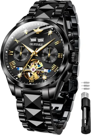 Wrist Watches Luxury bizarre verbalizable devise sandal vary perch Dress Tungsten Steel Luminous Waterproof Sapphire Diamond Calendar Best Gifts Men?? OUPINKE Black Men Automatic Mechanical 