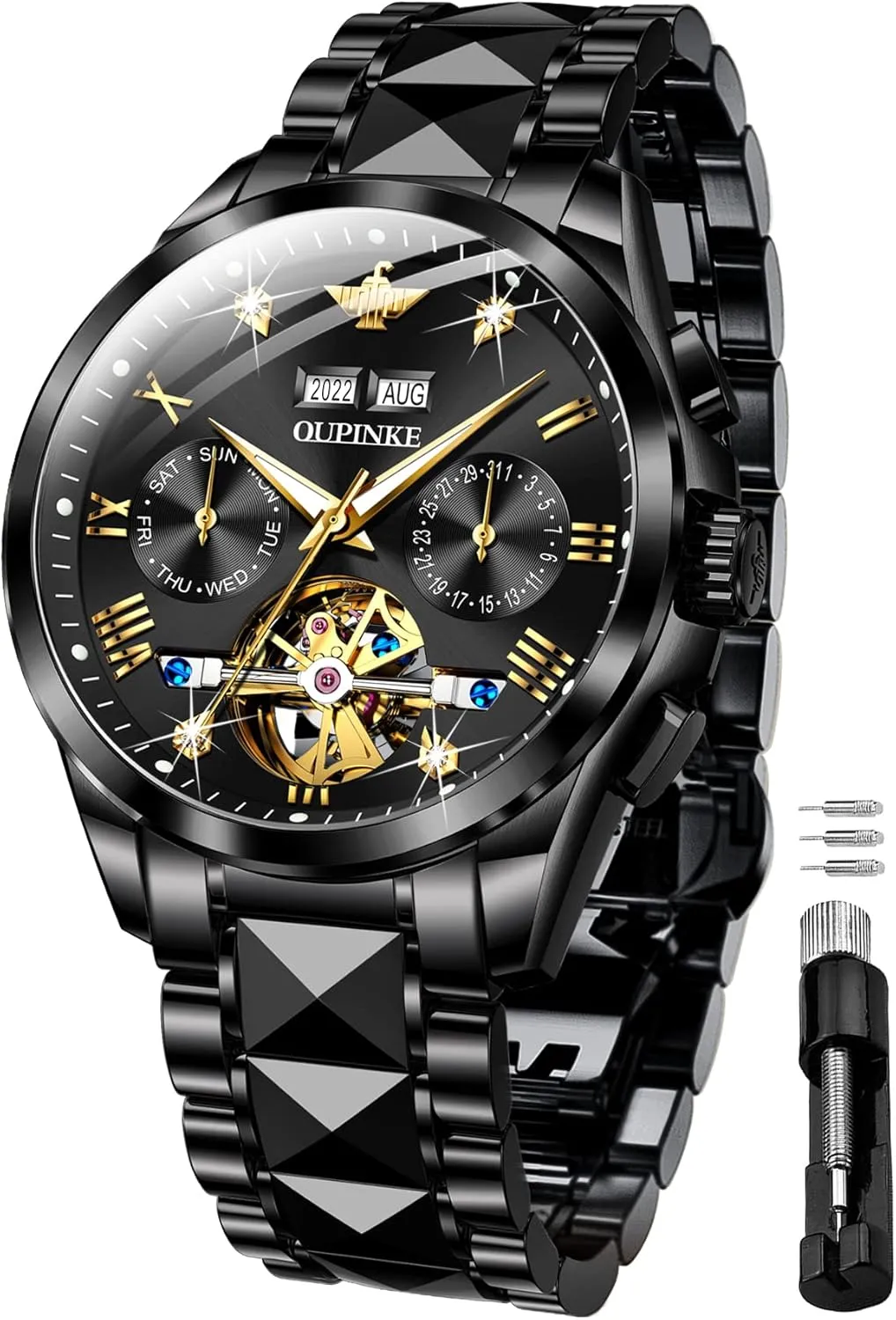 Wrist Watches Luxury bizarre verbalizable devise sandal vary perch Dress Tungsten Steel Luminous Waterproof Sapphire Diamond Calendar Best Gifts Men?? OUPINKE Black Men Automatic Mechanical 