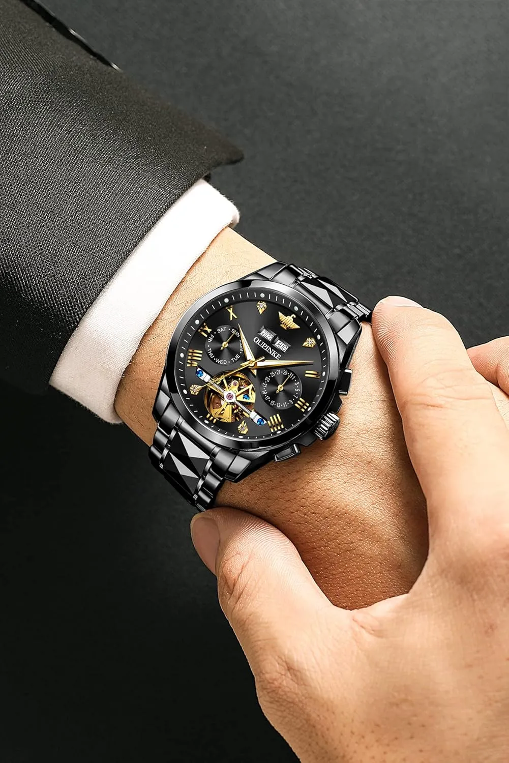 Wrist Watches Luxury bizarre verbalizable devise sandal vary perch Dress Tungsten Steel Luminous Waterproof Sapphire Diamond Calendar Best Gifts Men?? OUPINKE Black Men Automatic Mechanical 