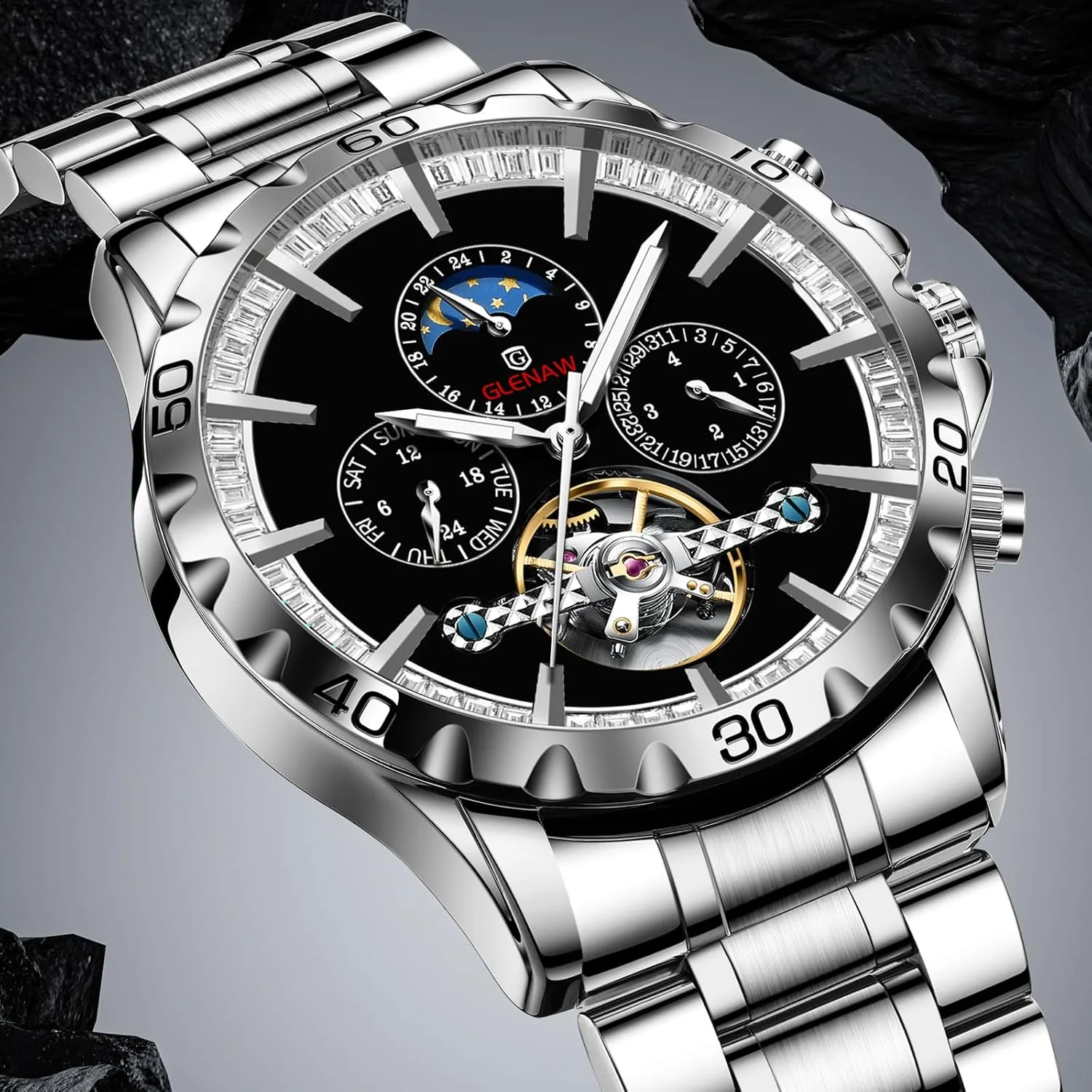 Wrist Watches Moon Phase Waterproof Luminous Mens Watches Automatic Mechanical authoritative Skeleton Tourbillon Luxury Self Winding Dress 