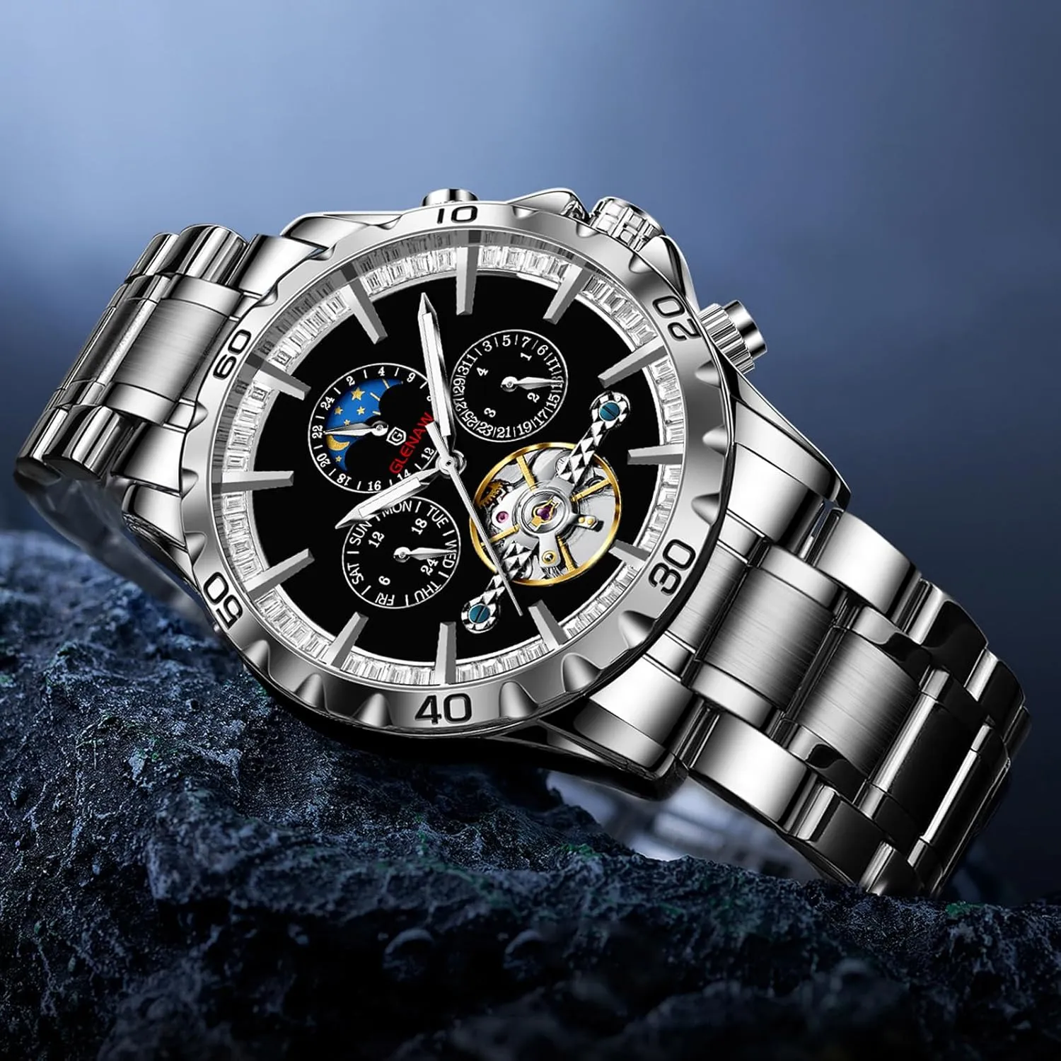 Wrist Watches Moon Phase Waterproof Luminous Mens Watches Automatic Mechanical authoritative Skeleton Tourbillon Luxury Self Winding Dress 