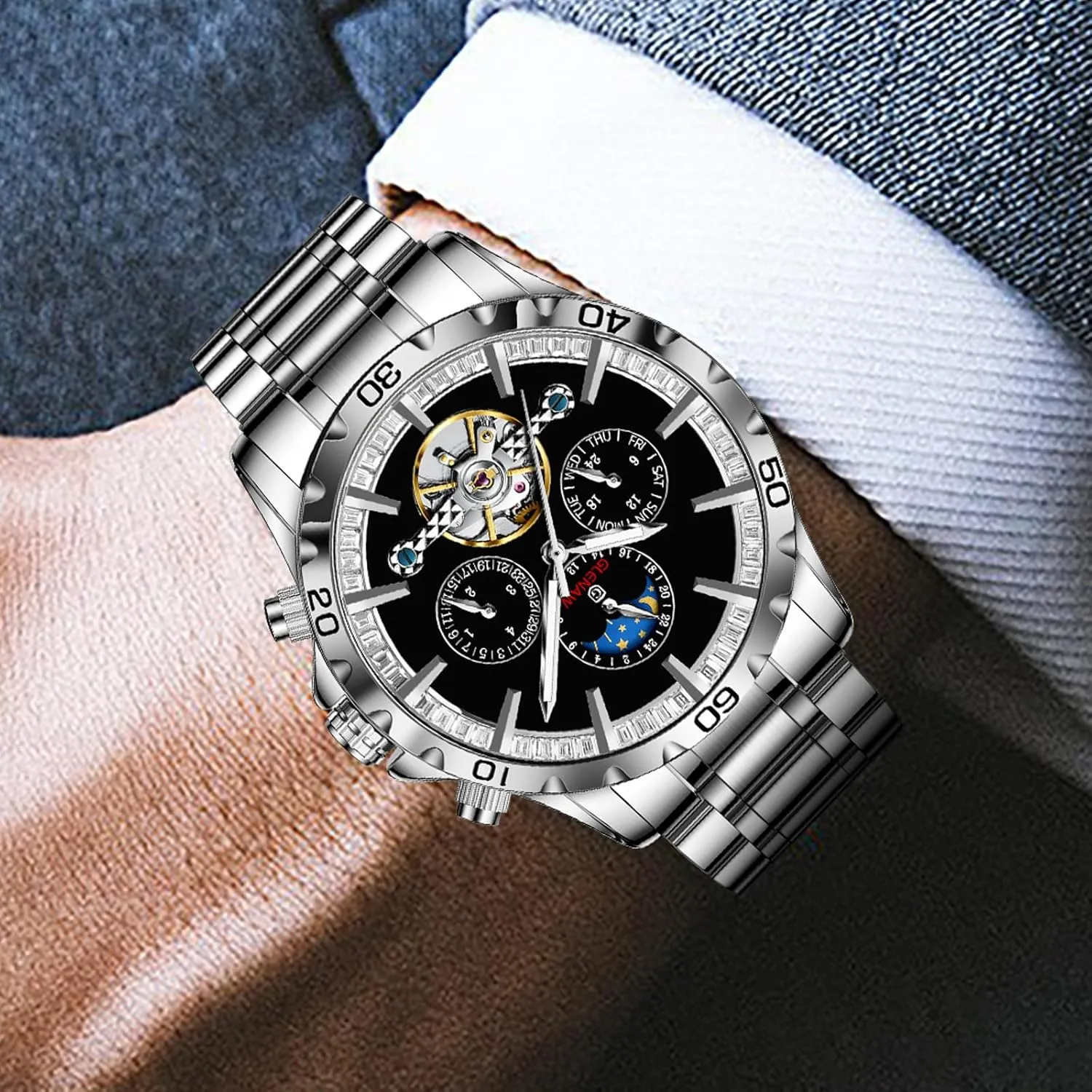 Wrist Watches Moon Phase Waterproof Luminous Mens Watches Automatic Mechanical authoritative Skeleton Tourbillon Luxury Self Winding Dress 