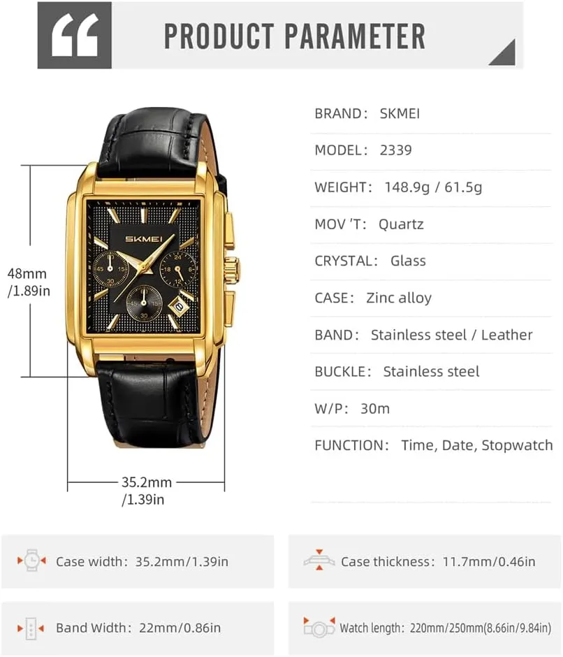 Wrist Watches SKMEI professional impressive tonnage pray code syllabus Square Watch for Men Business Stainless Dress Fashion Chronograph Waterproof Luxury Analog Simple Fathers Dad Gifts Gold Black 