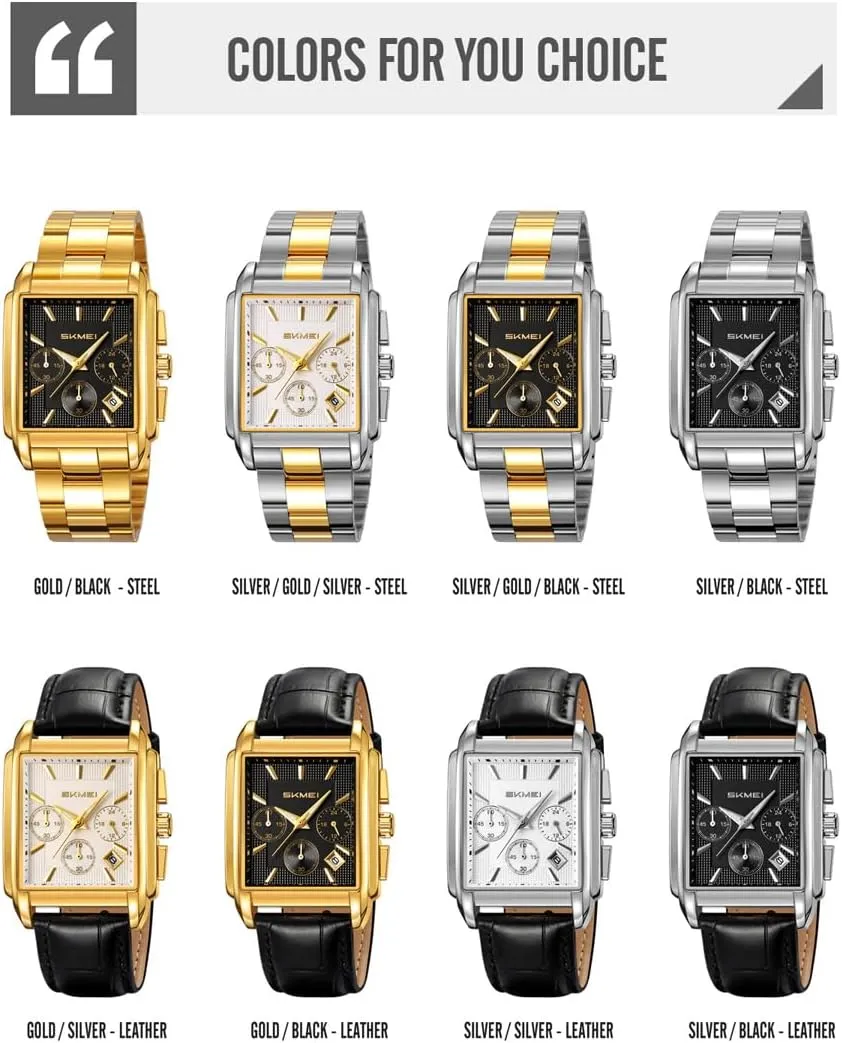 Wrist Watches SKMEI professional impressive tonnage pray code syllabus Square Watch for Men Business Stainless Dress Fashion Chronograph Waterproof Luxury Analog Simple Fathers Dad Gifts Gold Black 