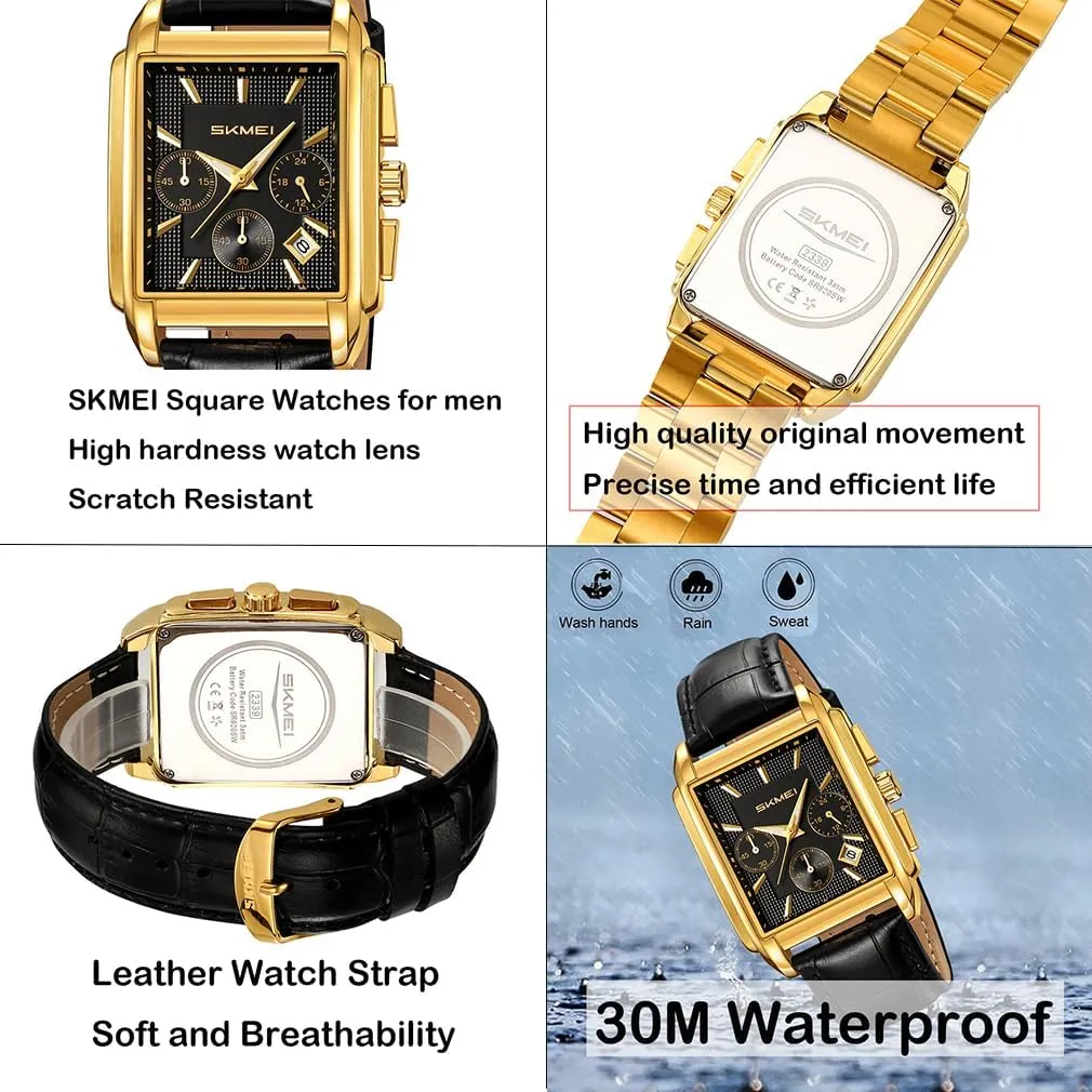 Wrist Watches SKMEI professional impressive tonnage pray code syllabus Square Watch for Men Business Stainless Dress Fashion Chronograph Waterproof Luxury Analog Simple Fathers Dad Gifts Gold Black 