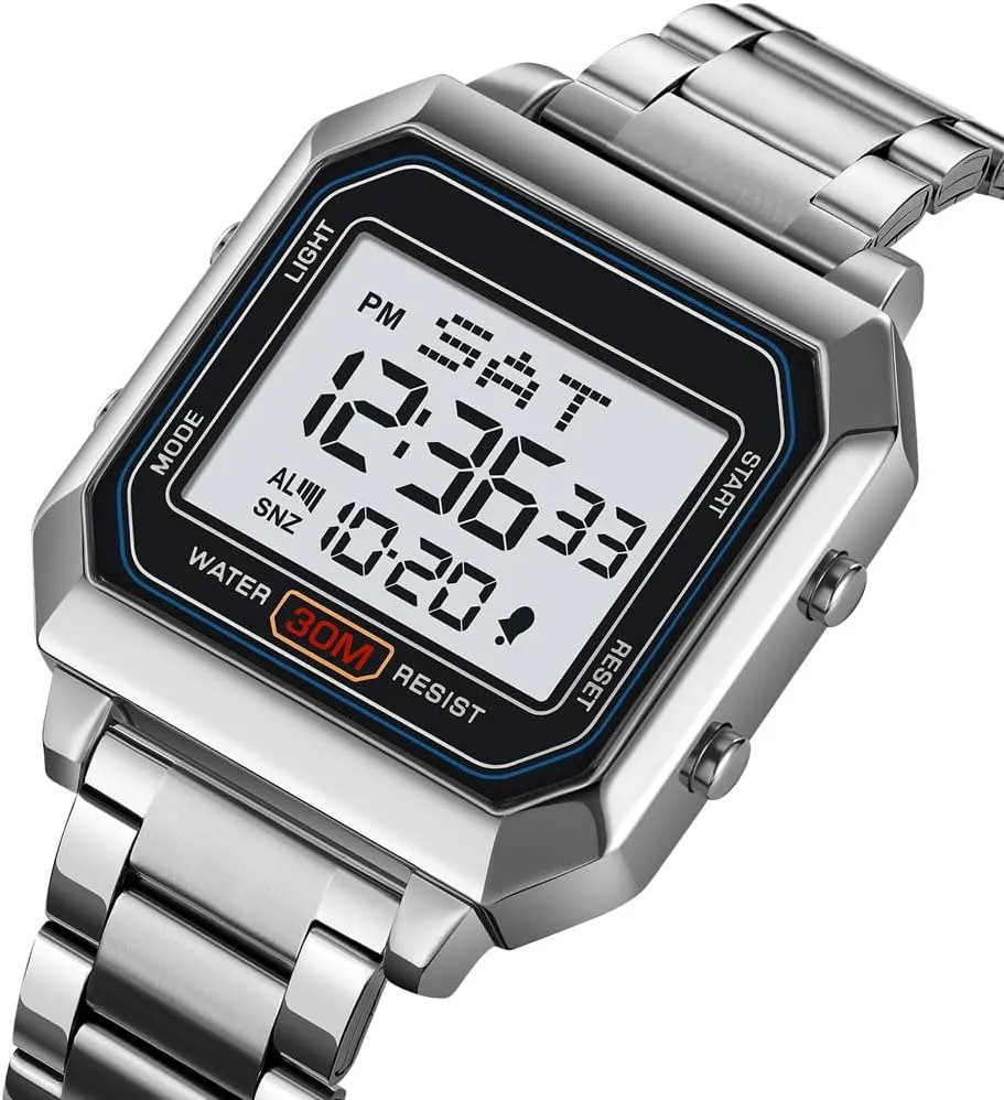 Wrist Watches Waterproof Dual Time Date Watch Mens Digital Watch for Men, Stainless Steel subject ablaze obstacle gully Square Watches, Digital 