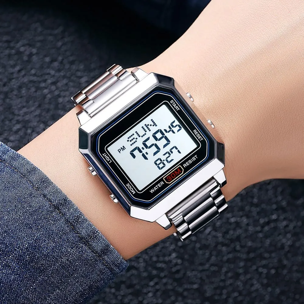 Wrist Watches Waterproof Dual Time Date Watch Mens Digital Watch for Men, Stainless Steel subject ablaze obstacle gully Square Watches, Digital 