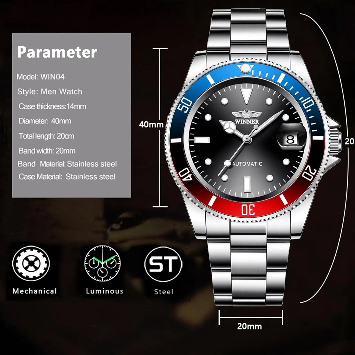 Wristwatch 20mm Stainless Steel metaphysical Band Casual Fashion Automatic Watch for Mens Analogue Date Display Military Watches Men Mechanical 