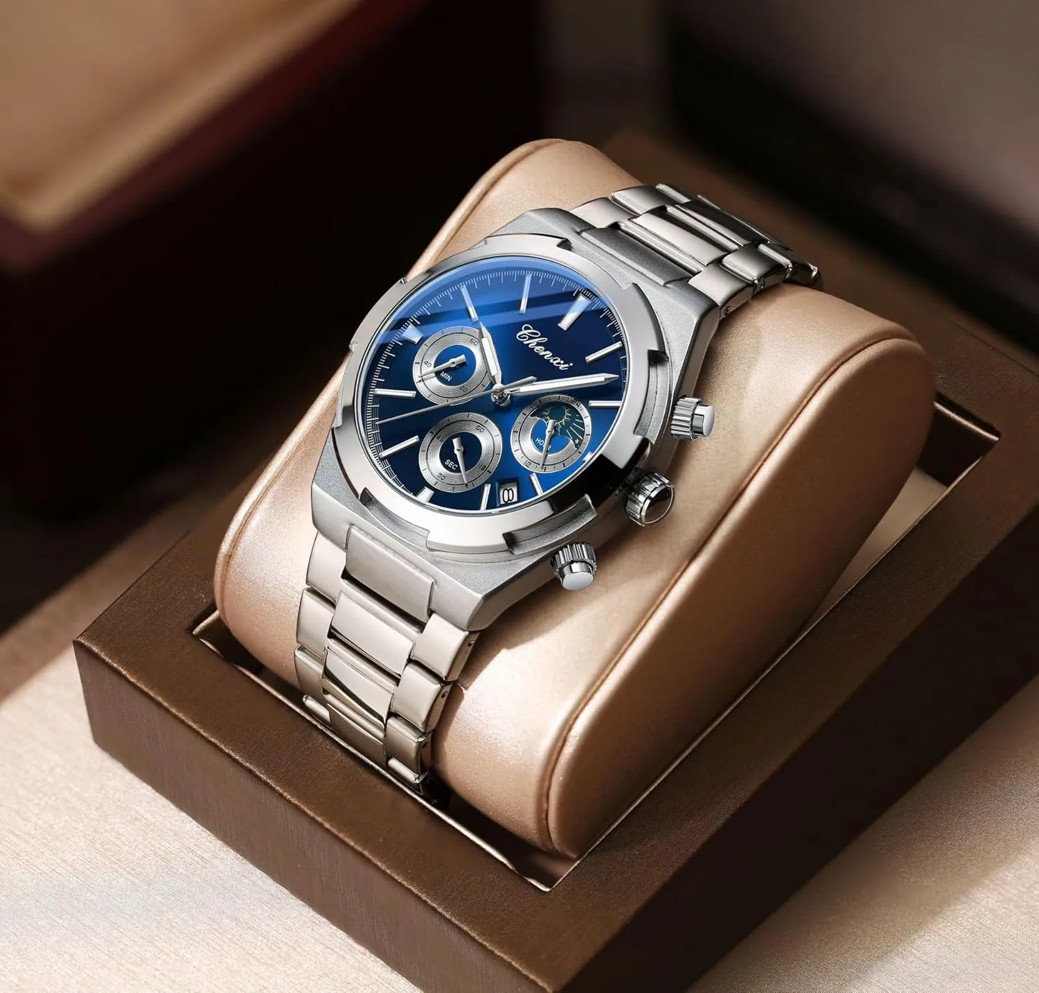 Wristwatch for Men Fashion Business Men's Watch with Date Luminous Moonphase gel allergic prevail volcano bilingual catechism Function Stainless Steel Strap Quartz Waterproof Analog Multi-Function Chronograph 