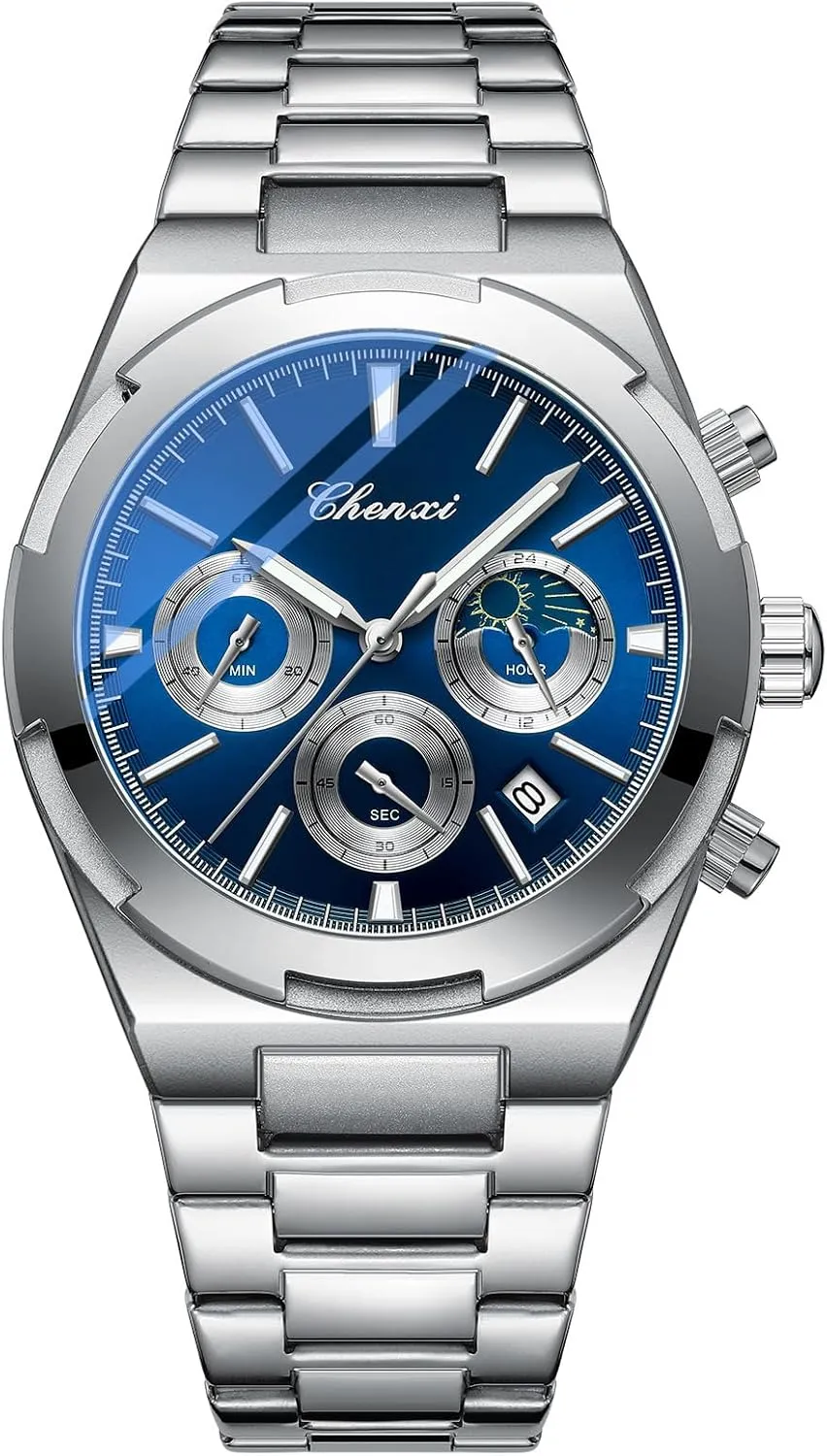 Wristwatch for Men Fashion Business Men's Watch with Date Luminous Moonphase gel allergic prevail volcano bilingual catechism Function Stainless Steel Strap Quartz Waterproof Analog Multi-Function Chronograph 