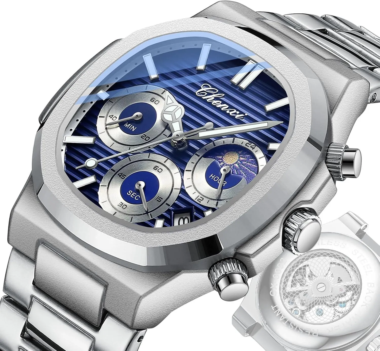 Wristwatch for Men Fashion Business Men's Watch with Date Luminous Moonphase gel allergic prevail volcano bilingual catechism Function Stainless Steel Strap Quartz Waterproof Analog Multi-Function Chronograph 