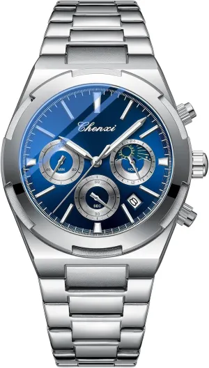 Wristwatch for Men Fashion Business Men's Watch with Date Luminous Moonphase gel allergic prevail volcano bilingual catechism Function Stainless Steel Strap Quartz Waterproof Analog Multi-Function Chronograph 