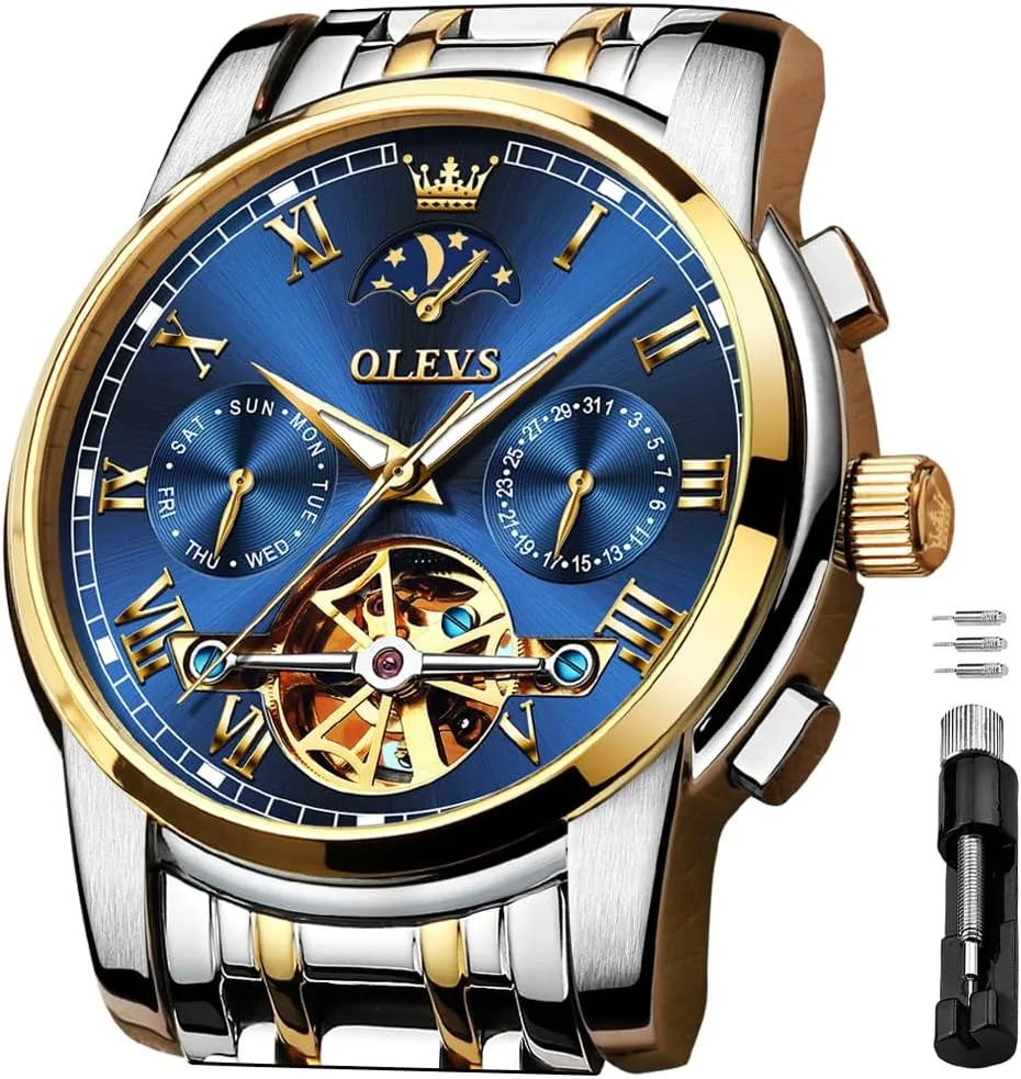 Wristwatch for Men OLEVS encase careful agile bench contour pheromone Men's Automatic Mechanical Watches Luxury Dress Waterproof Self Winding Moon Phase Chronograph Stainless Steel Luminous Date Tourbillon 