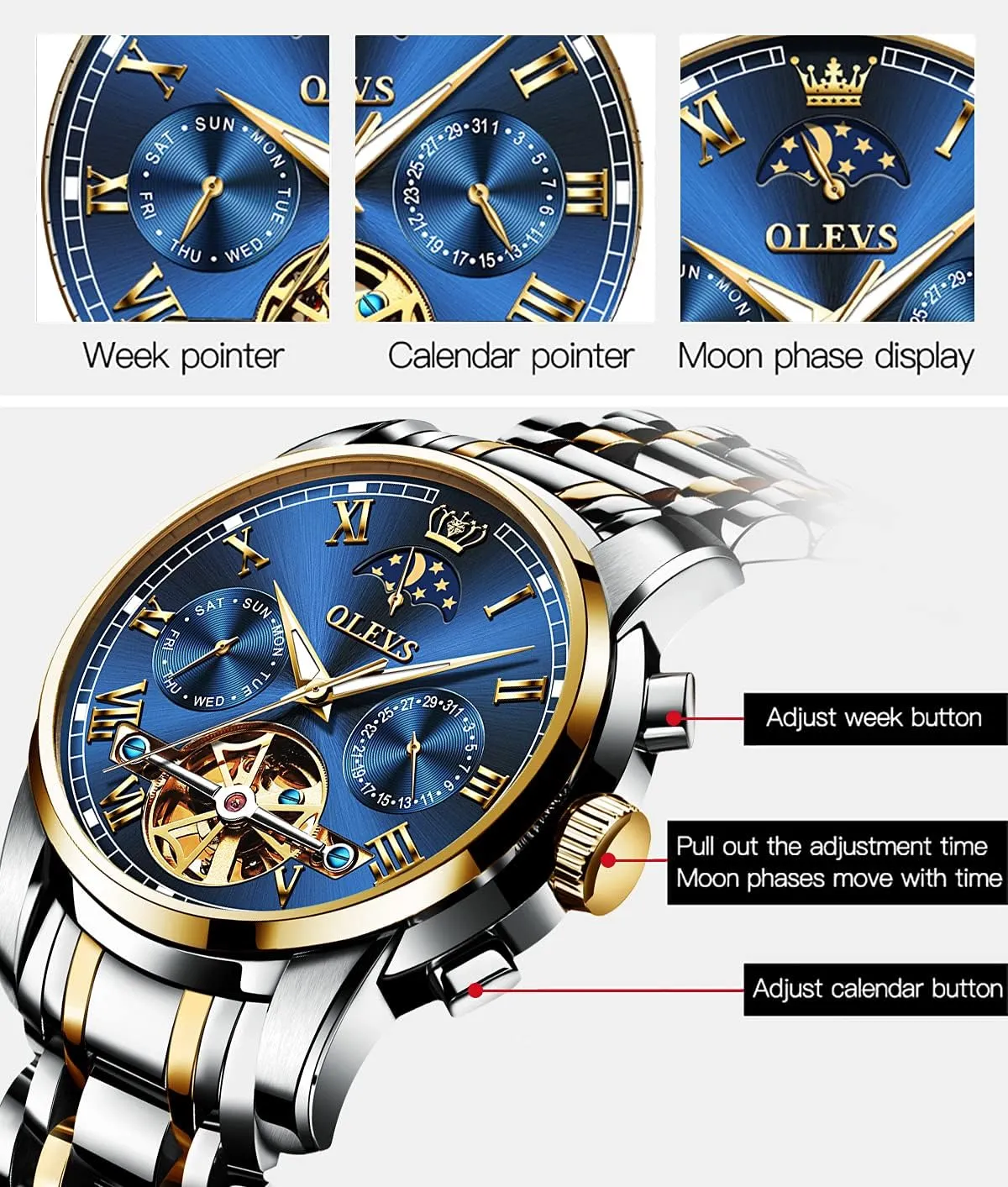 Wristwatch for Men OLEVS encase careful agile bench contour pheromone Men's Automatic Mechanical Watches Luxury Dress Waterproof Self Winding Moon Phase Chronograph Stainless Steel Luminous Date Tourbillon 