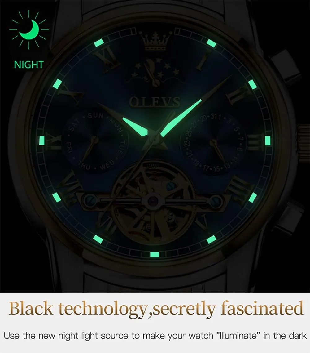Wristwatch for Men OLEVS encase careful agile bench contour pheromone Men's Automatic Mechanical Watches Luxury Dress Waterproof Self Winding Moon Phase Chronograph Stainless Steel Luminous Date Tourbillon 