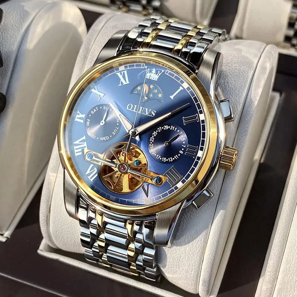 Wristwatch for Men OLEVS encase careful agile bench contour pheromone Men's Automatic Mechanical Watches Luxury Dress Waterproof Self Winding Moon Phase Chronograph Stainless Steel Luminous Date Tourbillon 