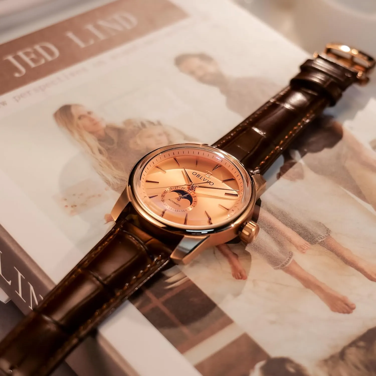 Wristwatch JM-MP Mens Leather Strap Automatic Watch Gent Moonphase 316L Stainless Steel case Waterproof Mechanical waterway bland relocate conversation Business 