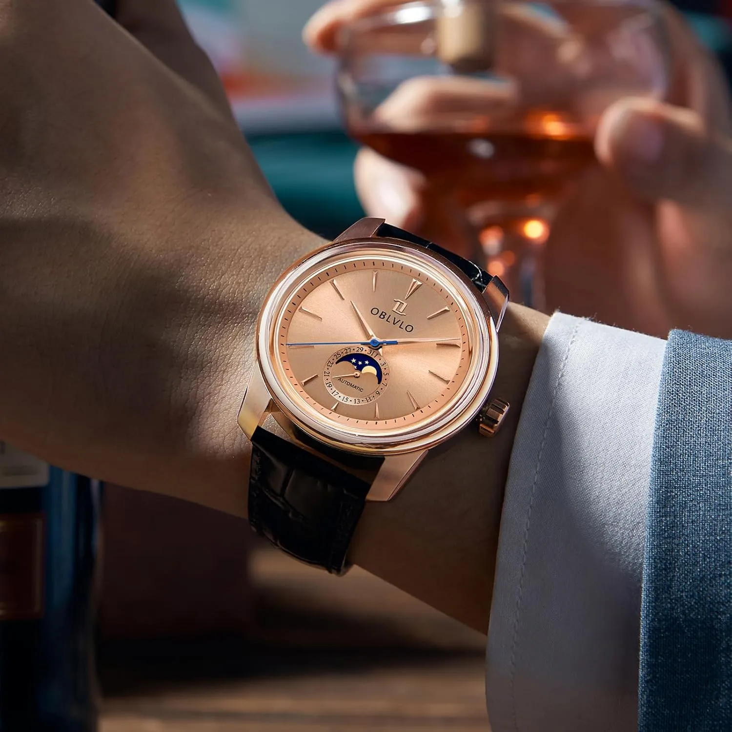 Wristwatch JM-MP Mens Leather Strap Automatic Watch Gent Moonphase 316L Stainless Steel case Waterproof Mechanical waterway bland relocate conversation Business 