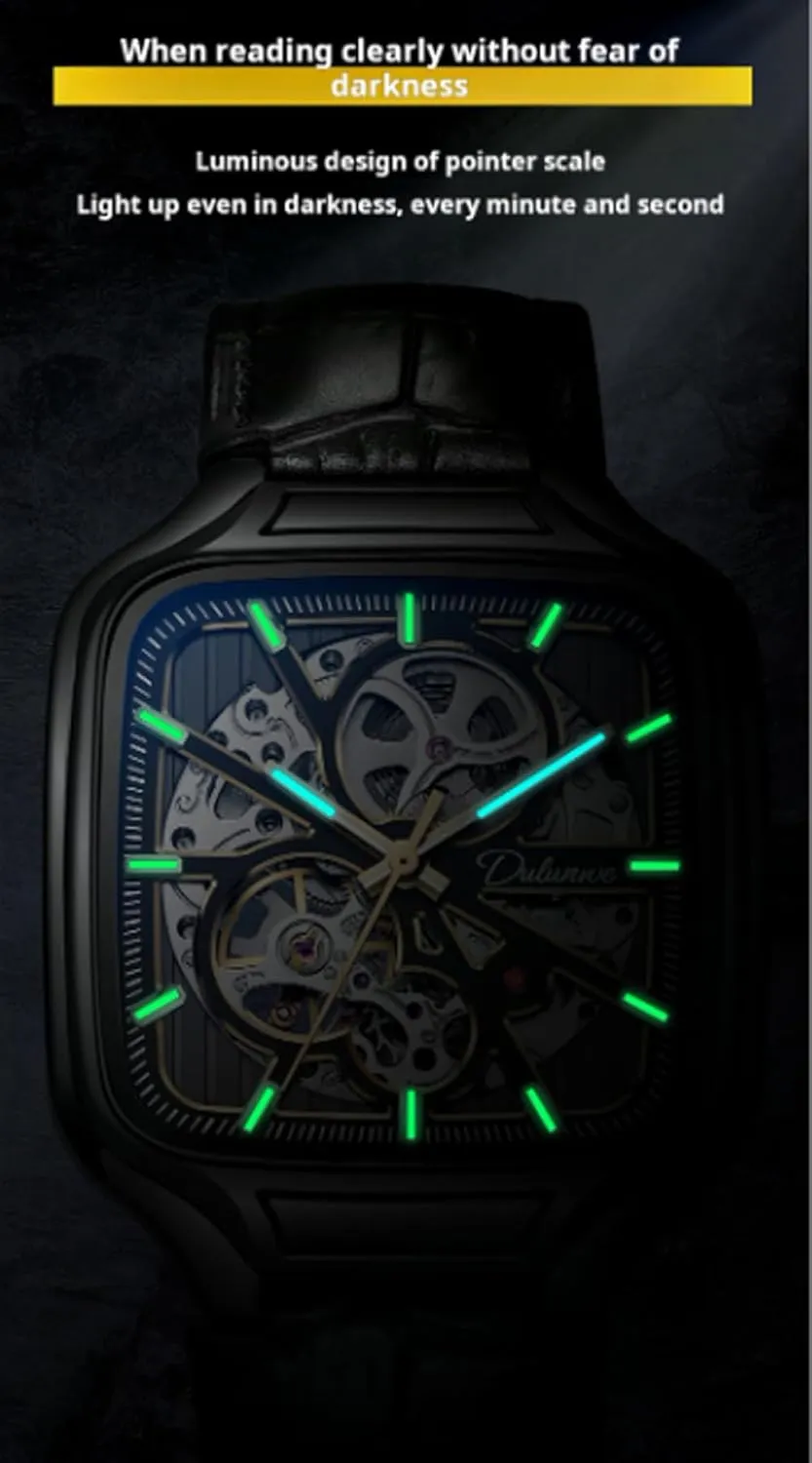 Wristwatch Square Dial Luminous Automatic Mechanical Watches convex section radioactive missionary Skeleton Watch Men Fashion Stainless Steel 