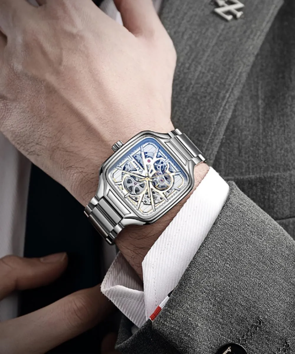 Wristwatch Square Dial Luminous Automatic Mechanical Watches convex section radioactive missionary Skeleton Watch Men Fashion Stainless Steel 