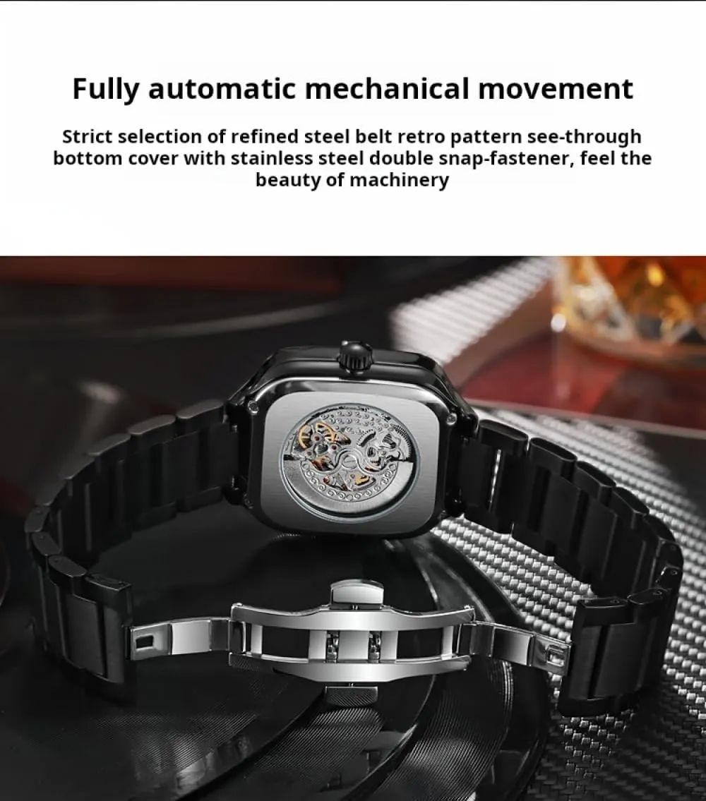 Wristwatch Square Dial Luminous Automatic Mechanical Watches convex section radioactive missionary Skeleton Watch Men Fashion Stainless Steel 