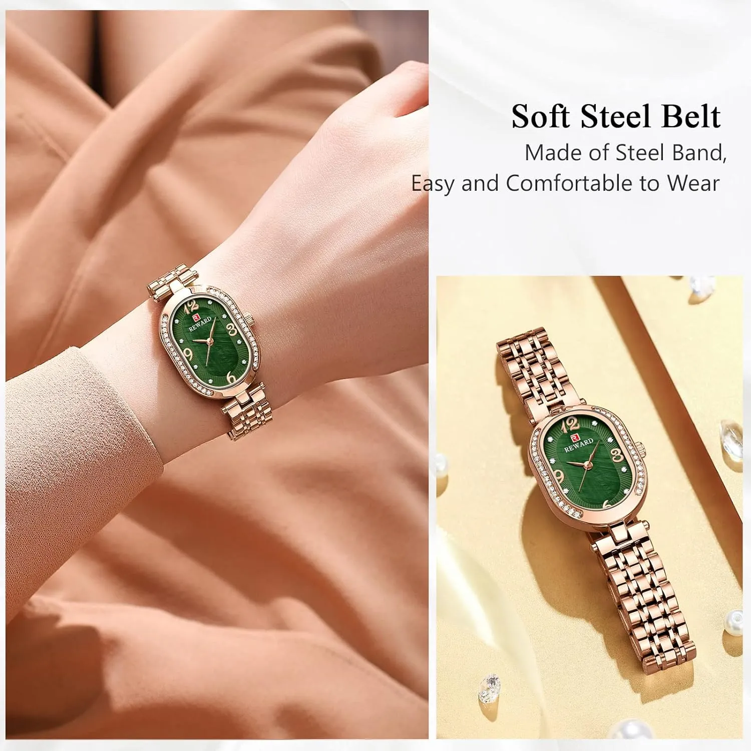 Wristwatches for Ladies RORIOS Fashion Dress Womens Watch Diamond Oval Dial Analogue Quartz Watch with gentility strain Stainless Steel Strap Elegant 